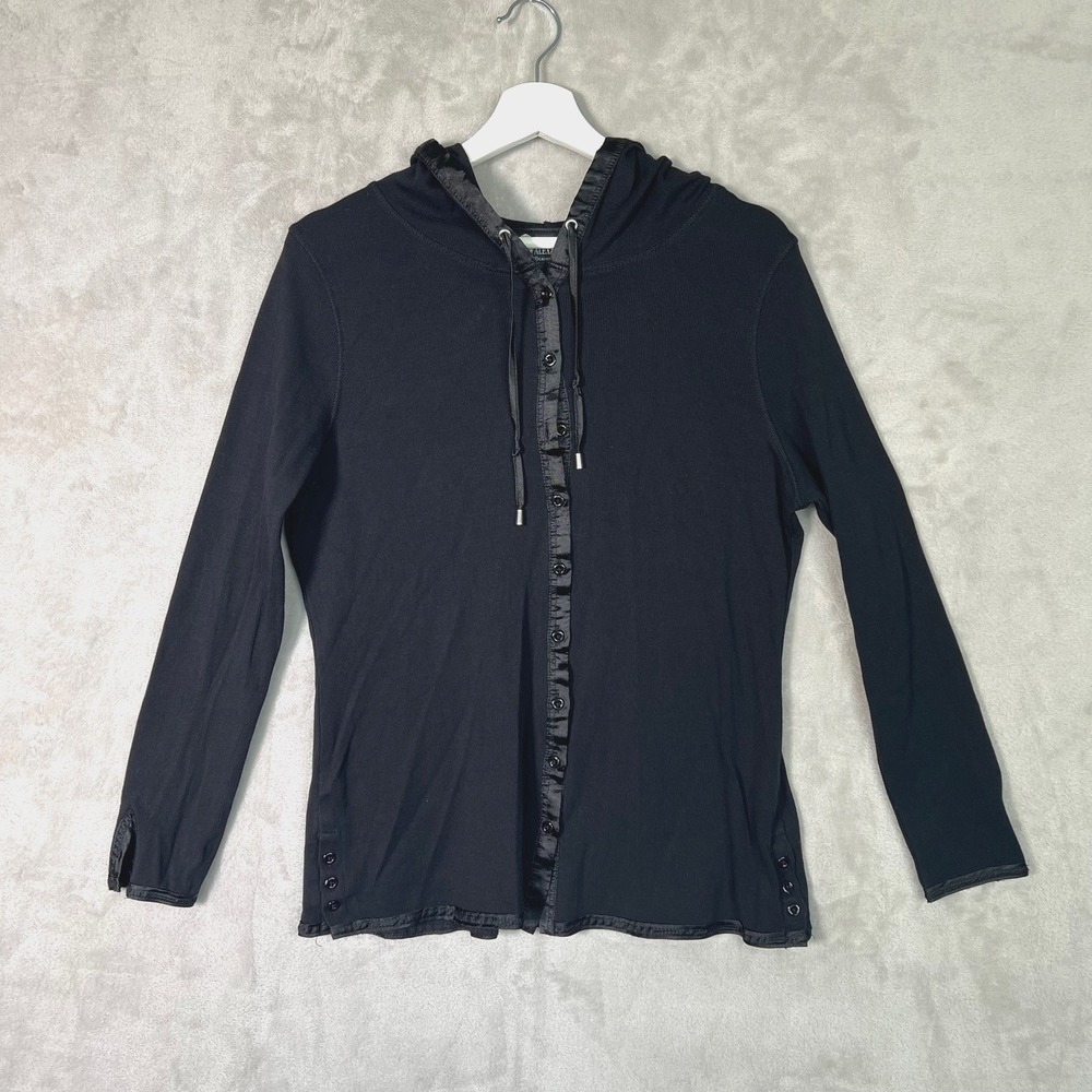 Christine Alexander Black Satin Trim Hoodie L Womens Button Front Top Y2K Goth